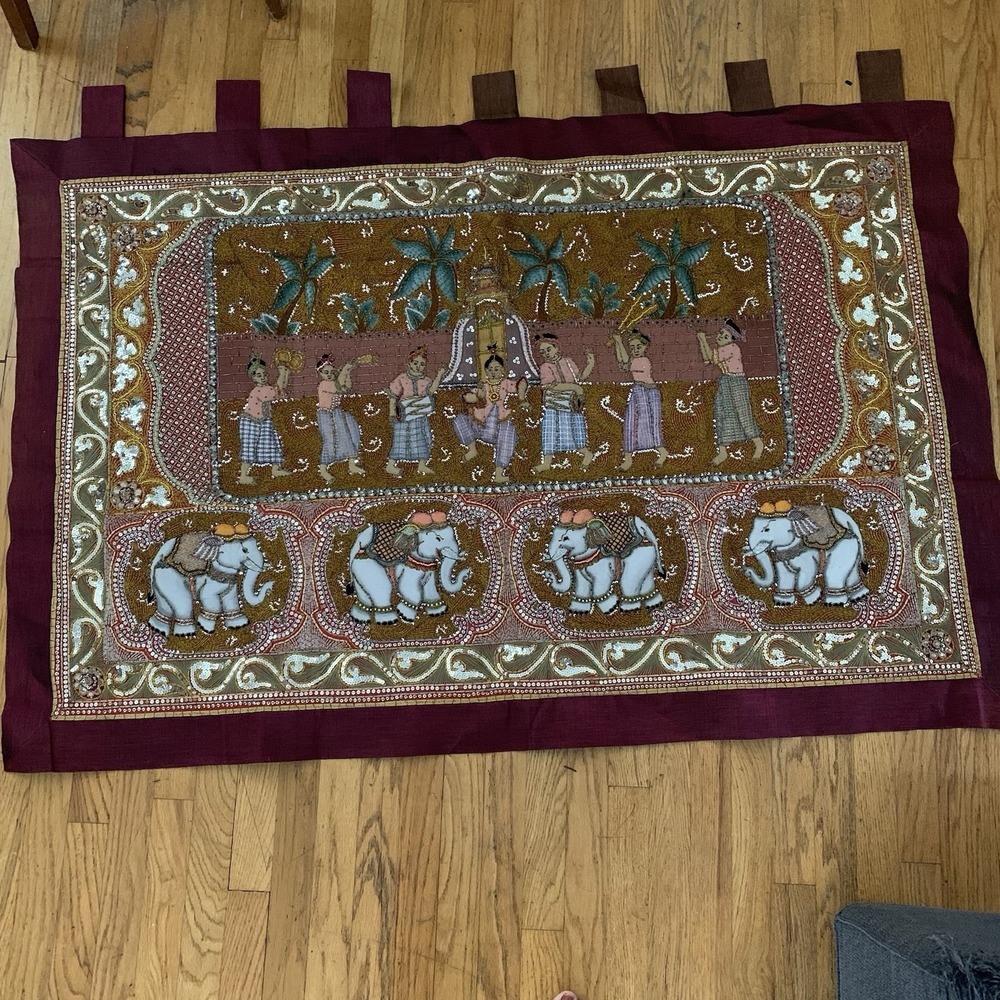 Vtg Thai Burmese Kalaga Elephant Tapestry Embroidered Hand Made Beads Large